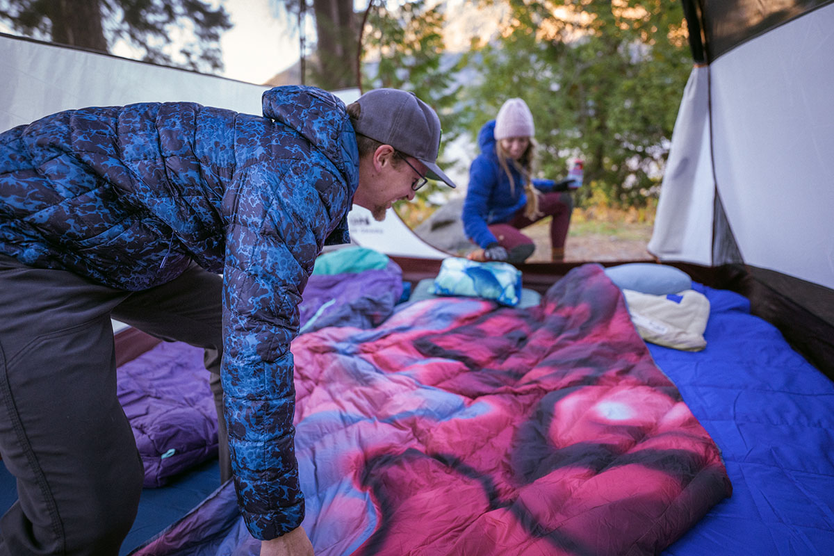 ​​The North Face ThermoBall Eco Hoodie (laying down camp blanket inside tent)