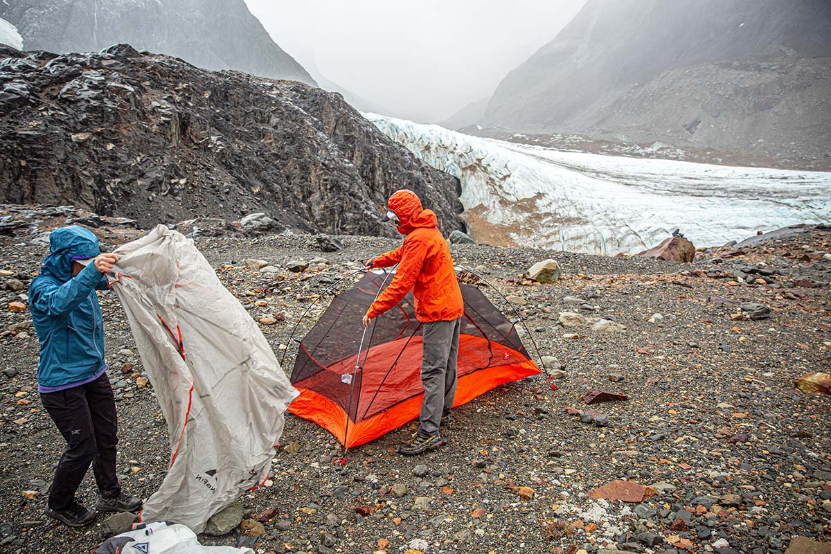 The North Face Vectiv Exploris 2 Mid Futurelight hiking boots (setting up tent) 