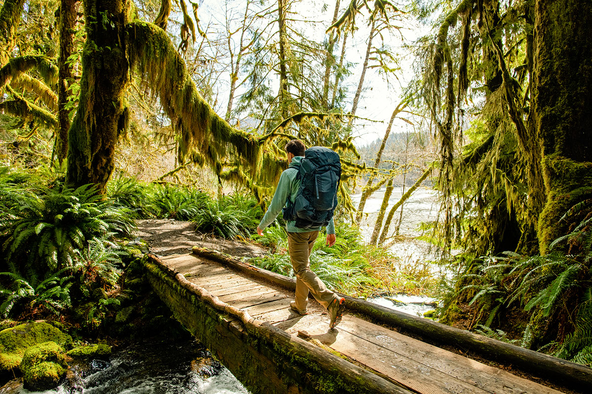 The North Face Vectiv Exploris hiking shoe (crossing bridge)