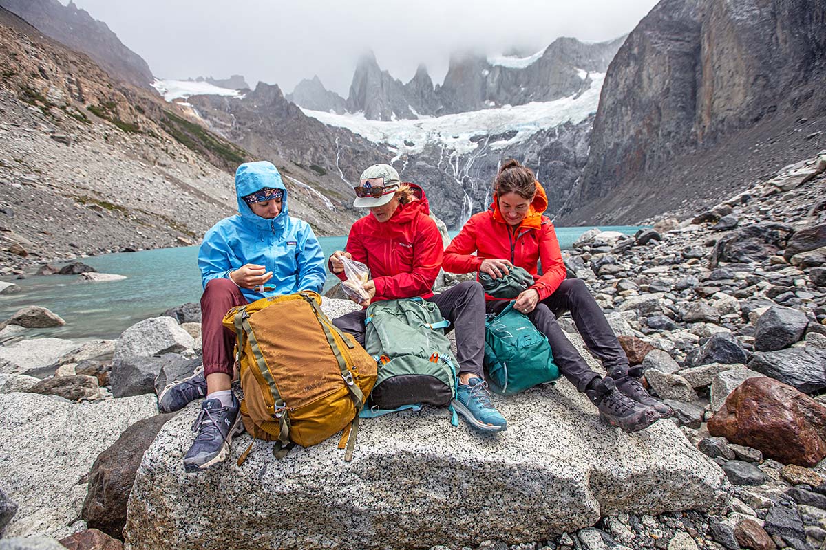 Eating lunch at the shore of the lake (The North Face Vectiv Fastpack Futurelight hiking shoes)