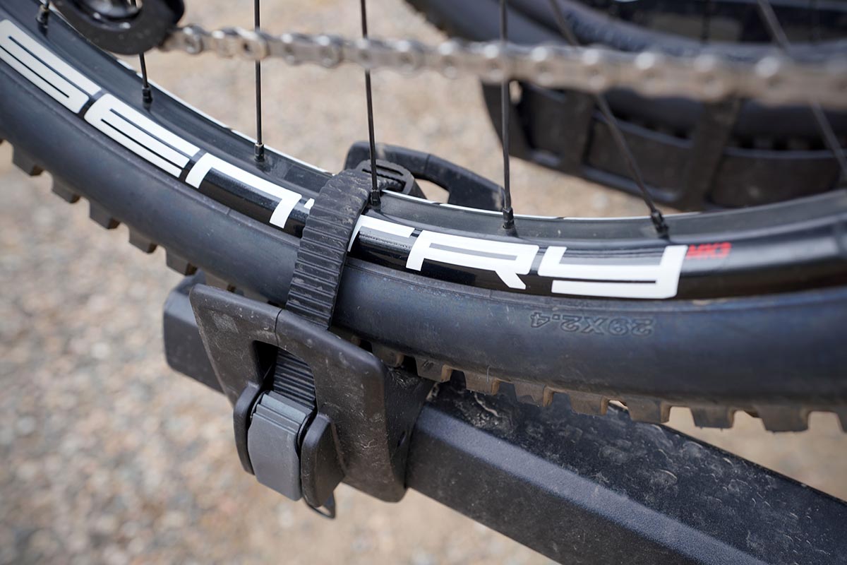 Thule T2 Pro XTR hitch rack (rear wheel strap detail)