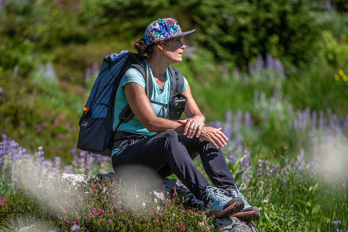 Topo Athletic Trailventure 2 hiking boots (sitting on rock)