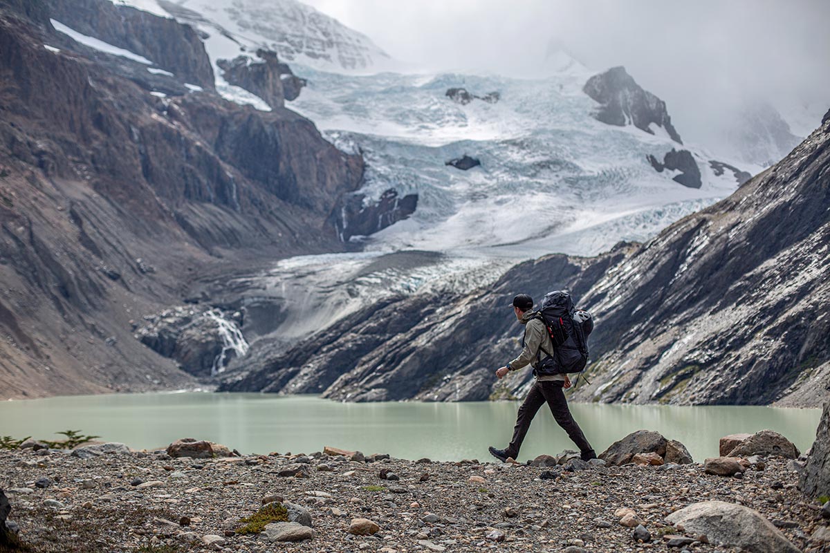 Topo Athletic Trailventure hiking boot (hiking in front of glacier)