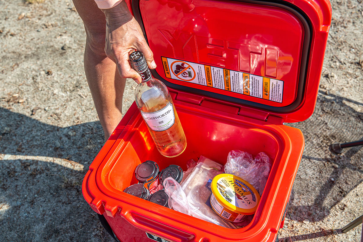 Yeti Roadie 24 cooler (with wine bottle and food)
