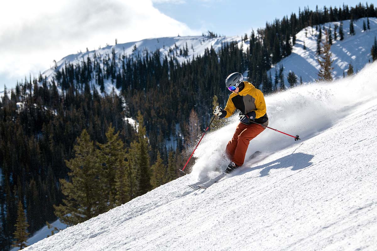 Skiing in 3-layer Black Diamond ski jacket