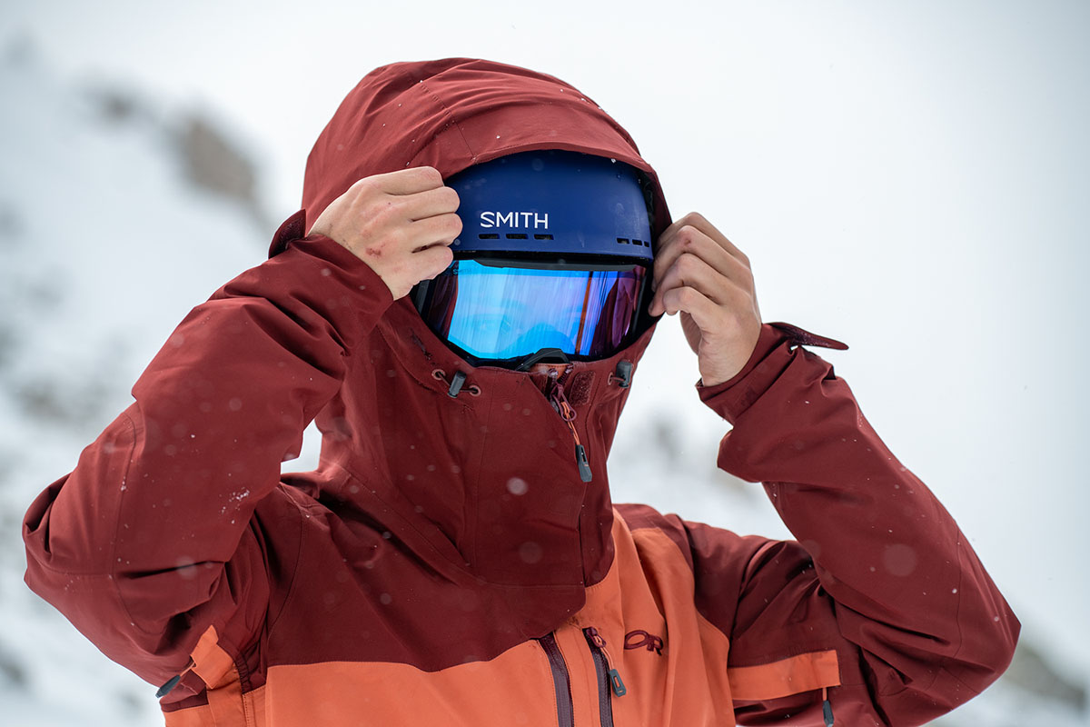 Outdoor clothing brands (adjusting hood on Outdoor Research Tungsten Jacket)