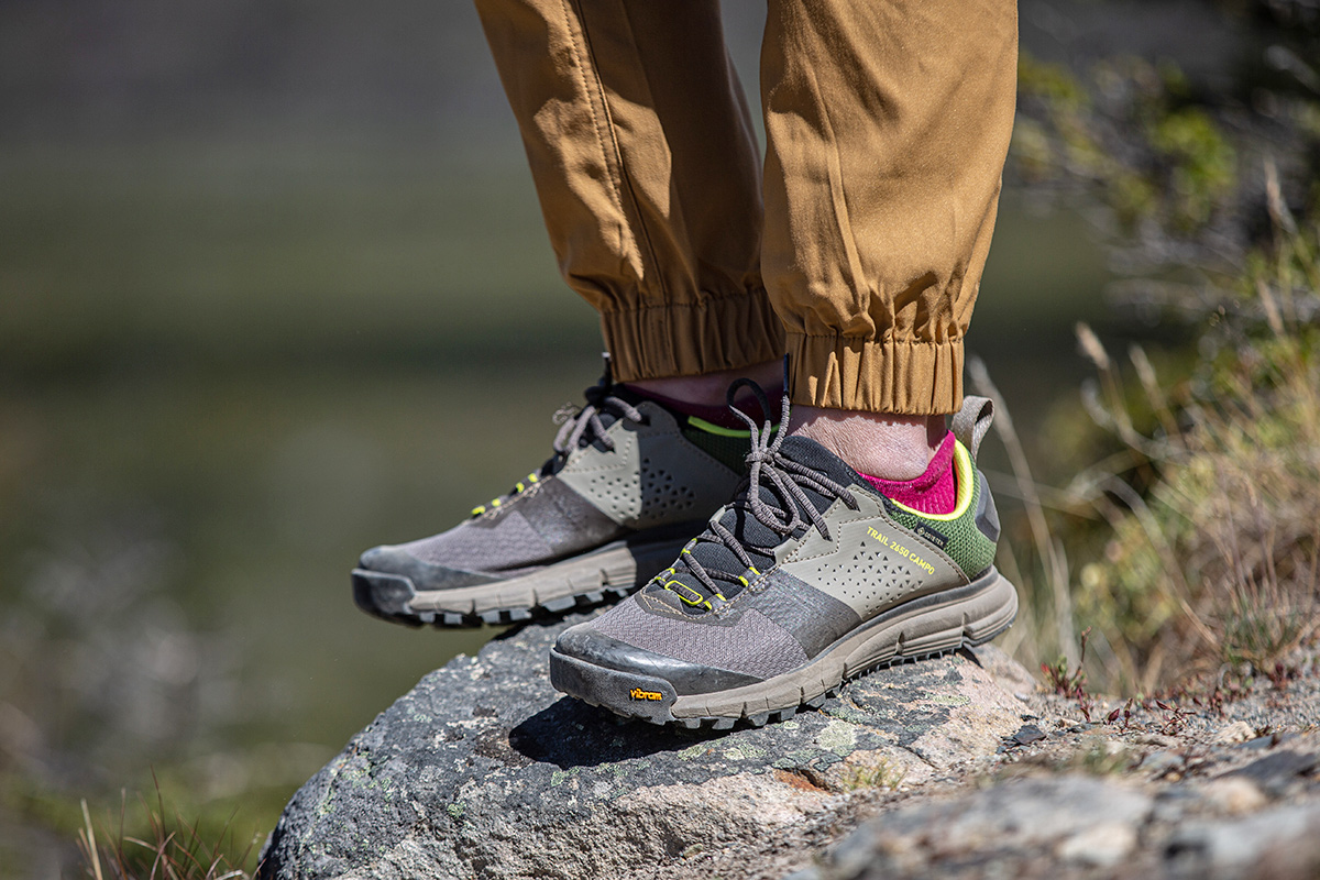 Best hiking footwear brands (Danner Trail 2650 Campo GTX on rock)
