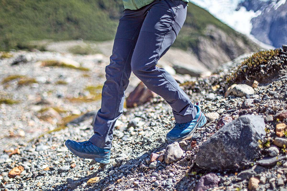 Best hiking footwear brands (hiking down scree in Scarpa Rush)