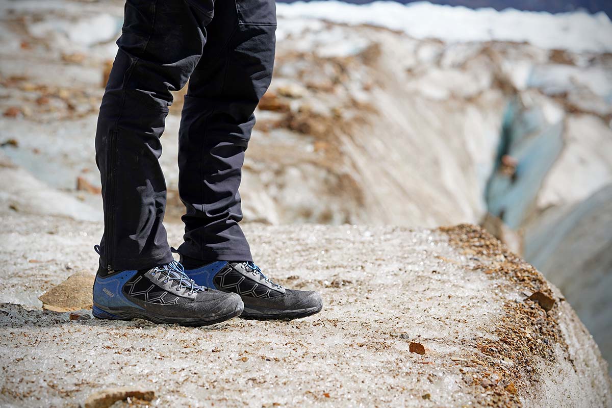 Hiking boot (Asolo Falcon GV standing by glacier)