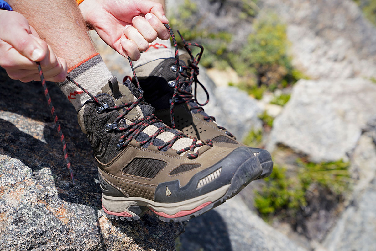 Hiking boot (lacing up the Vasque Breeze AT Mid)