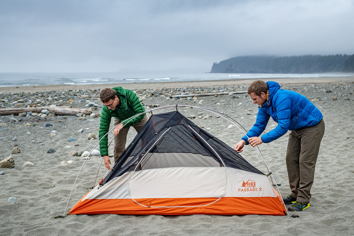 Down jackets (Arc'teryx Cerium LT and Outdoor Research Transcendent pitching tent)