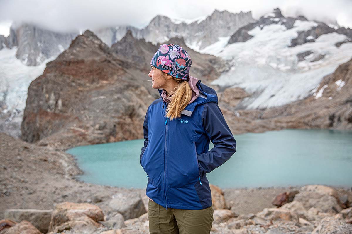 Fall hiking gear (standing in mountains with rain jacket)