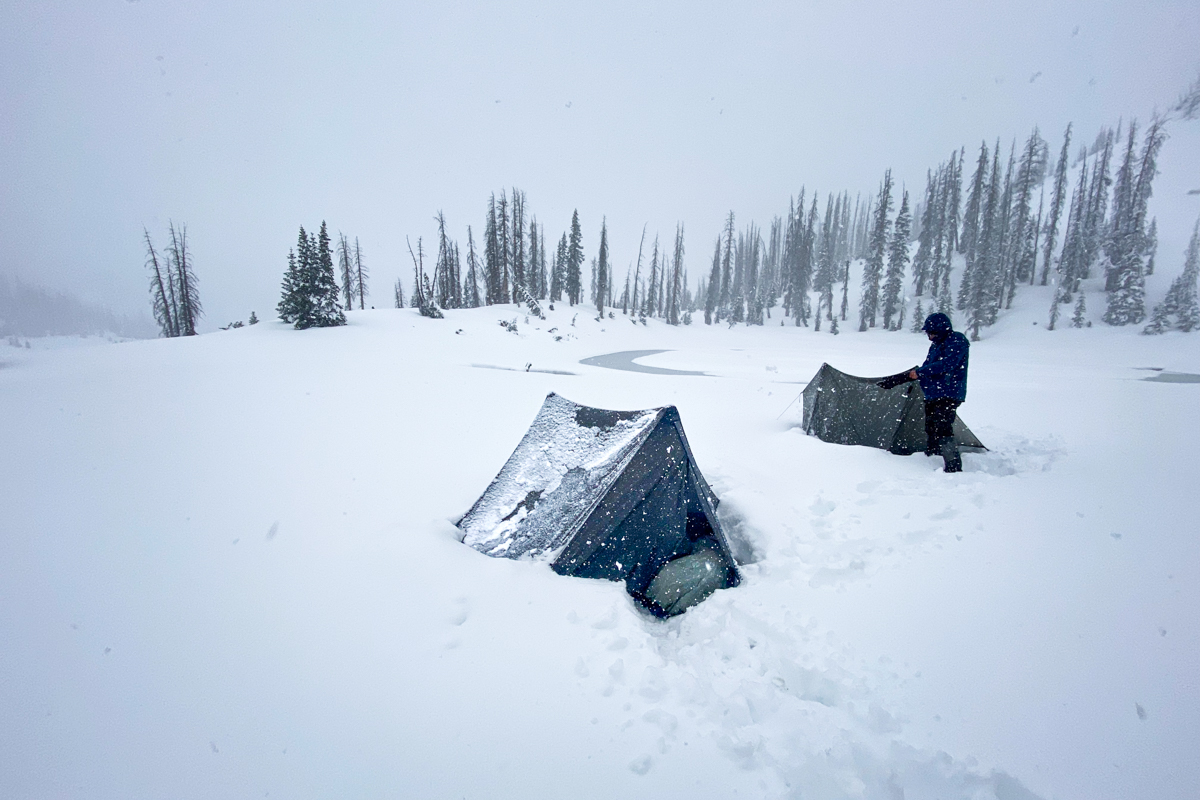 Caught in a snowstorm on the CDT with a trekking pole shelter