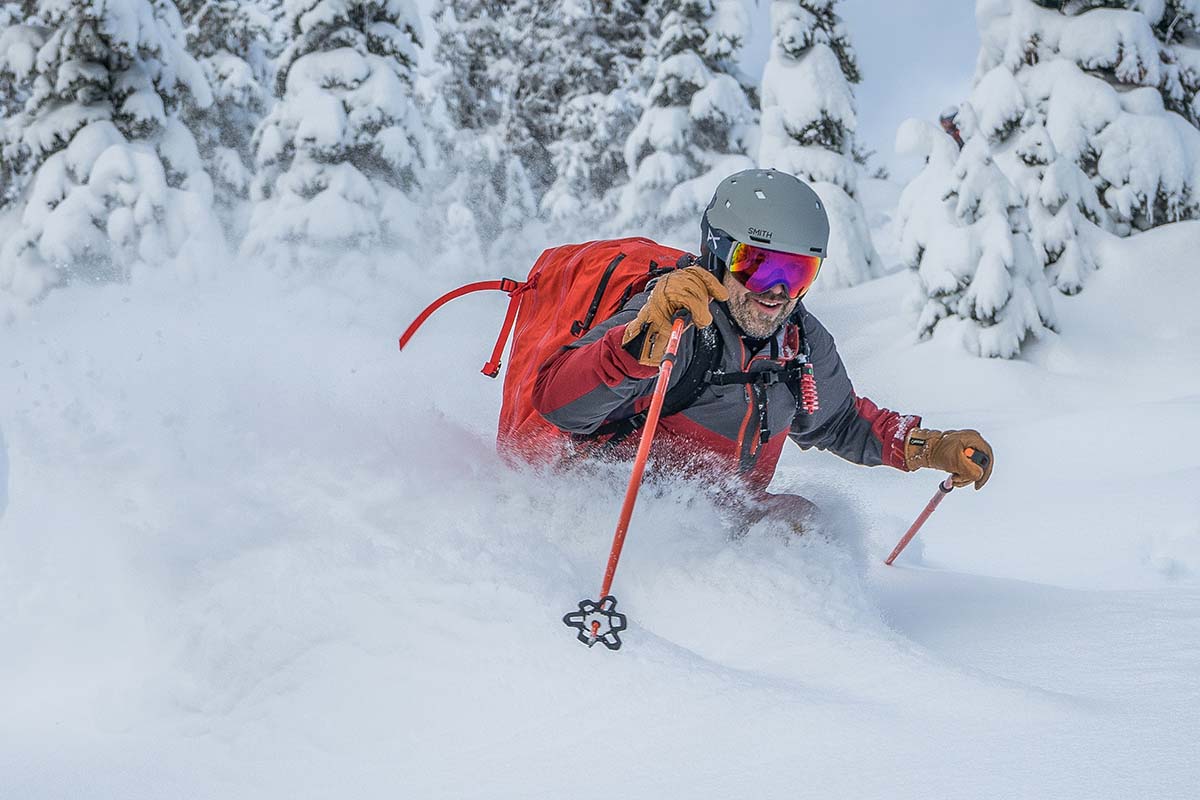 Outdoor Research Hemispheres ski jacket (skiing closeup)