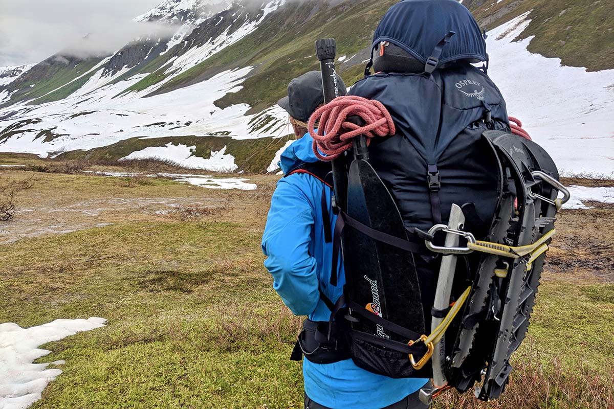 Using all the external attachment points on a backpack (hiking in the Alaska Range)