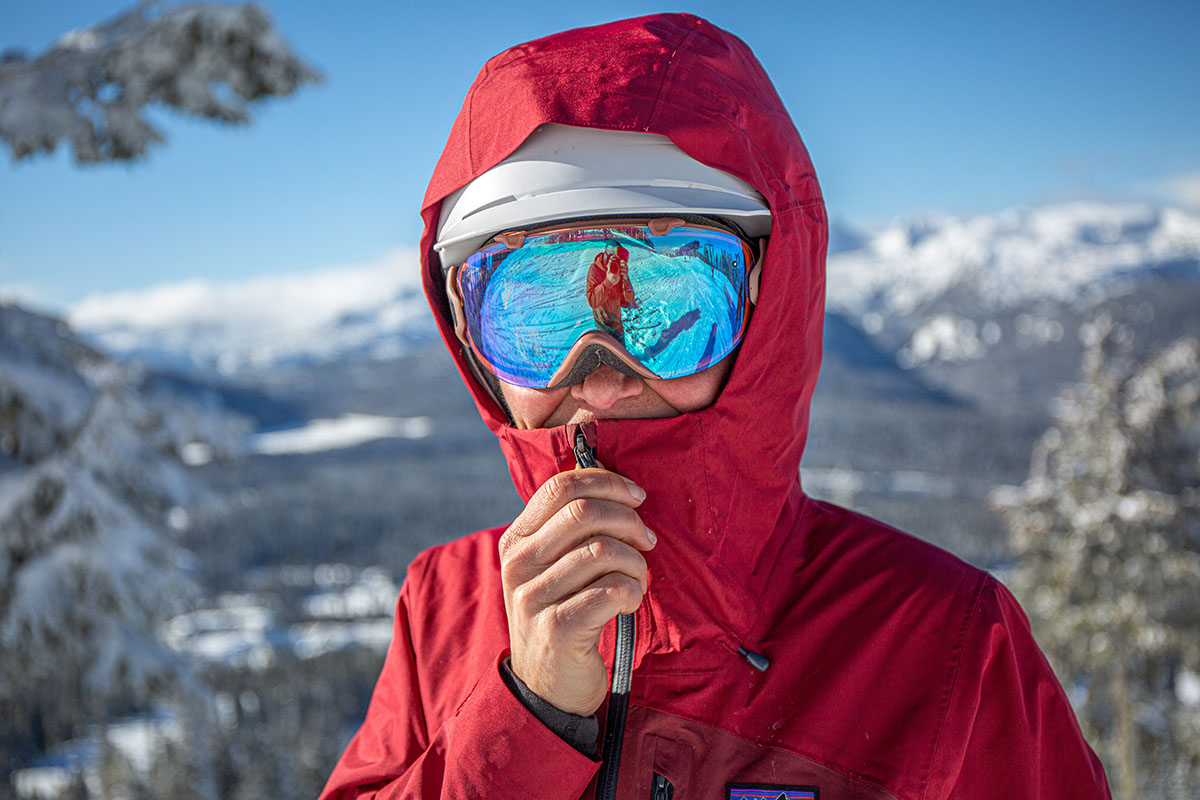 Ski goggles (closeup with hood over helmet)