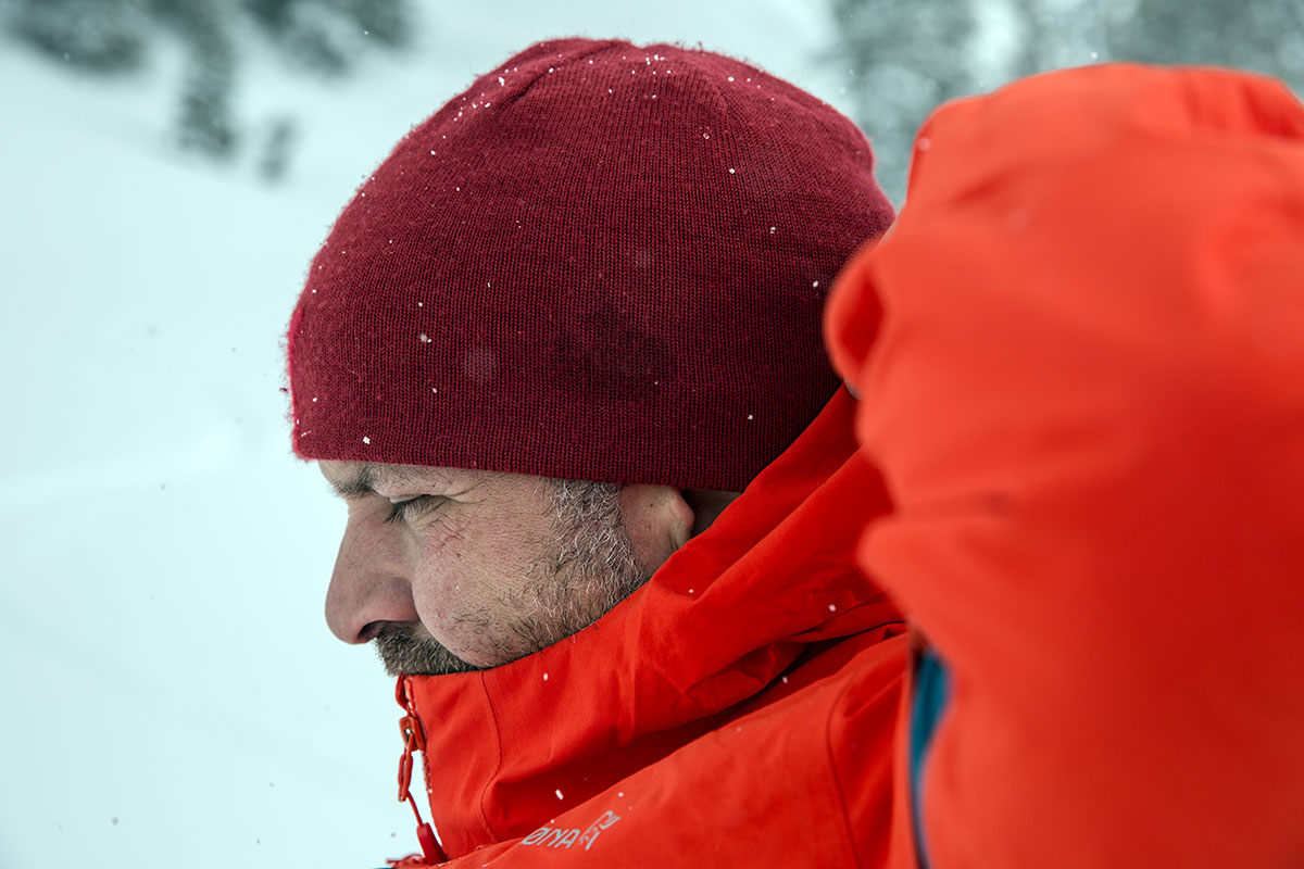 Backcountry ski layering (beanie closeup)