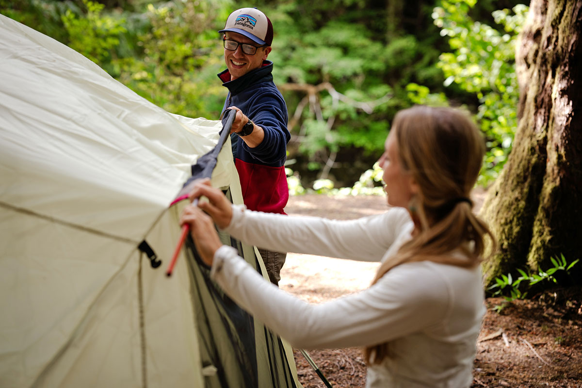 Patagonia gift guide (wearing Synchilla Snap-T at camp)