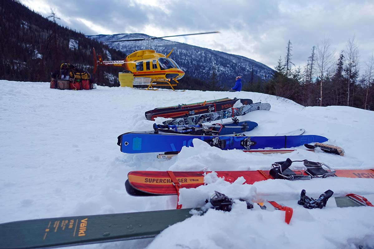 Skis waiting outside helicoptor (ski straps)