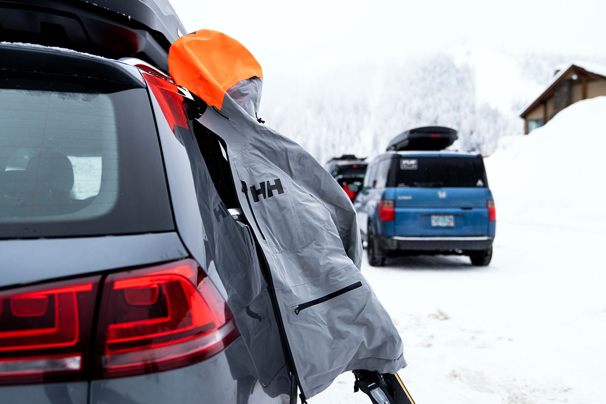 Ski jacket (Helly Hansen Alpha 4.0 hanging on car door)