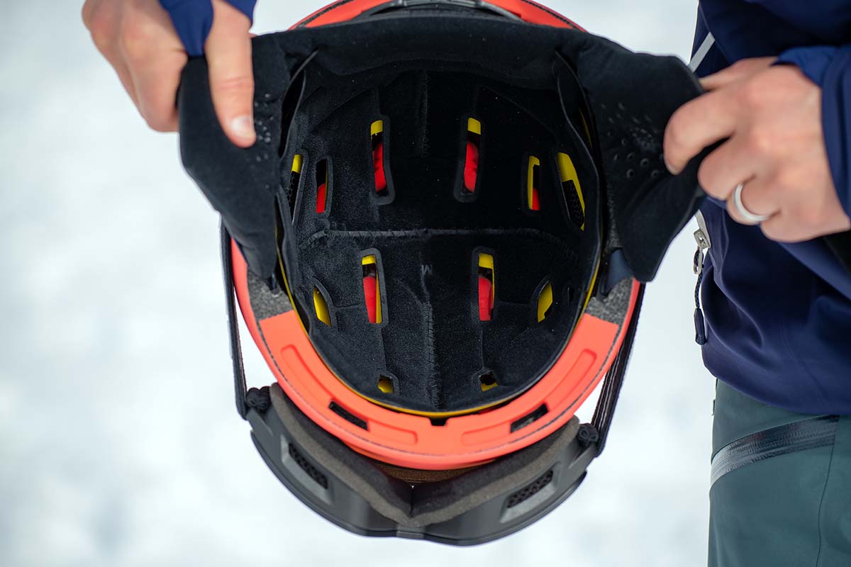 Staying warm while skiing (closeup inside helmet)