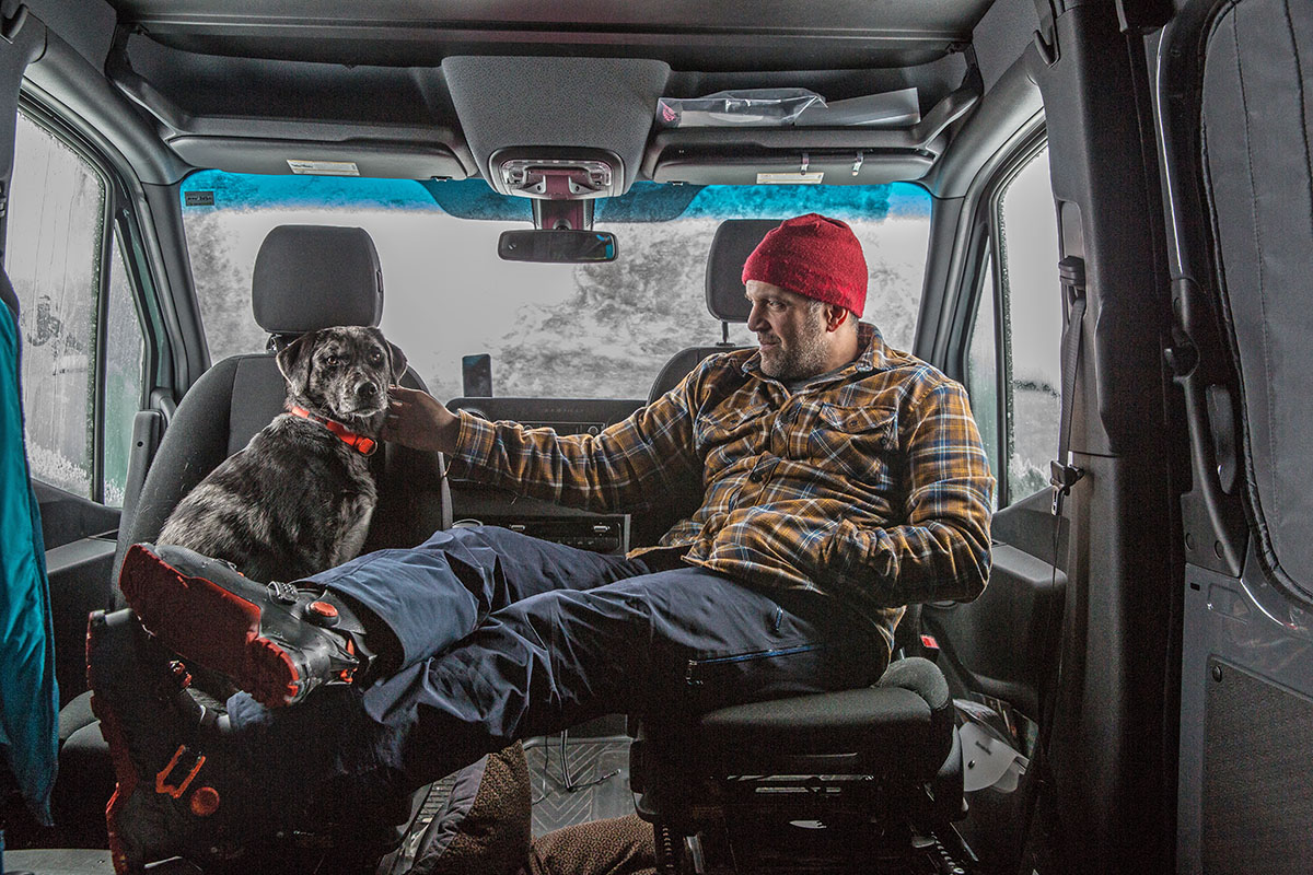 Staying warm while skiing (sitting inside van)