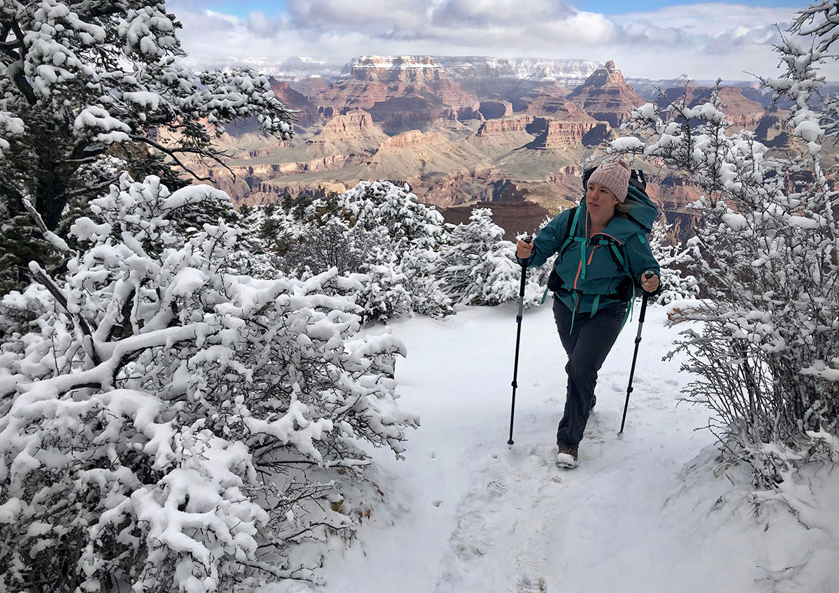 Waterproof hiking boots (Oboz Sawtooth on snowy trail)