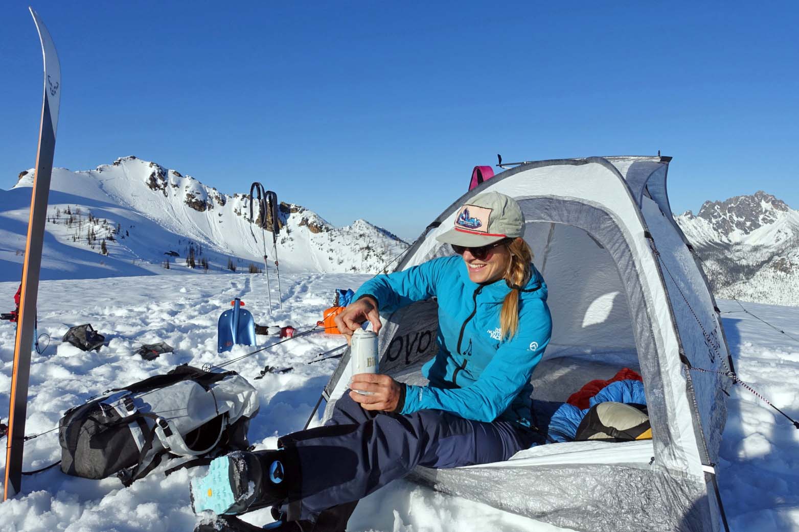 Winter camping checklist (opening drink in tent)