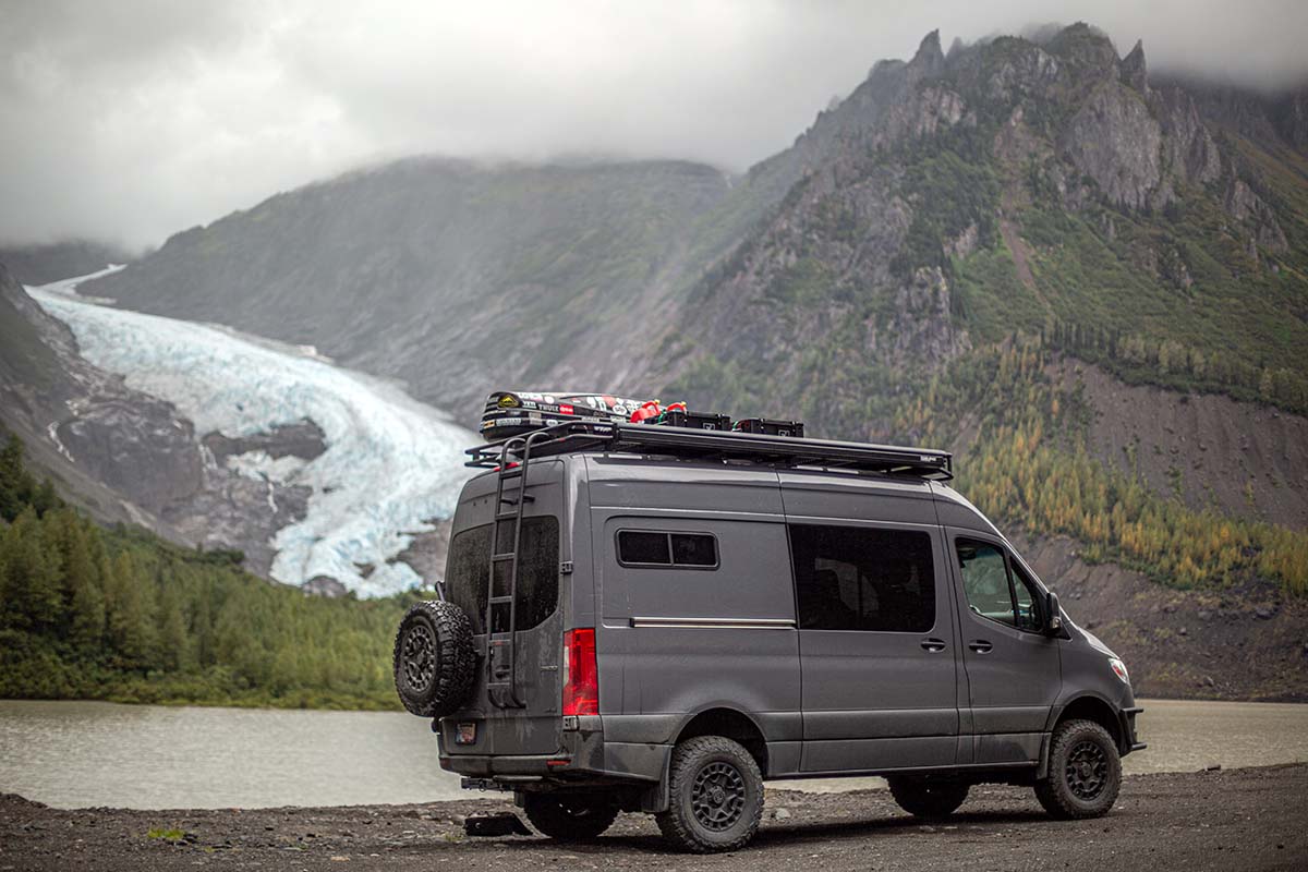 4x4 Sprinter van in front of a glacier (Cassiar Stewart Highway British Columbia)