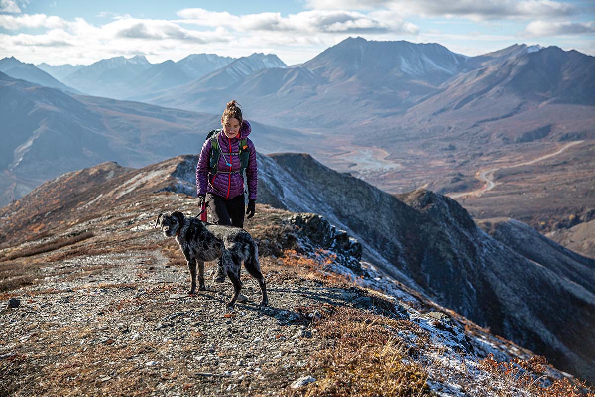 Walking on ridgeline with dog in Northwest Territories