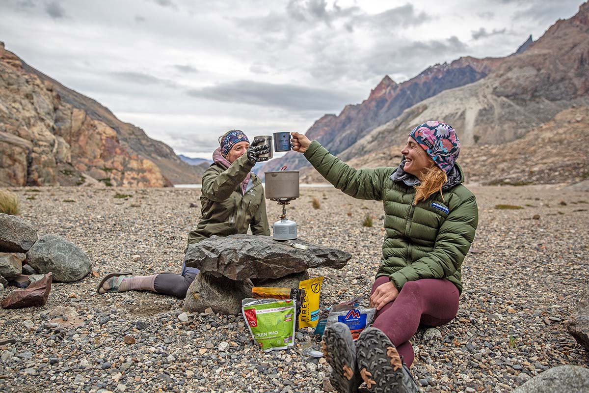 Cheers by backpacking stove (Patagonia)