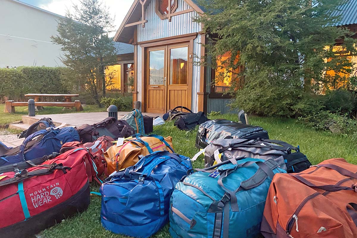 Duffel bags outside Hosteria Senderos