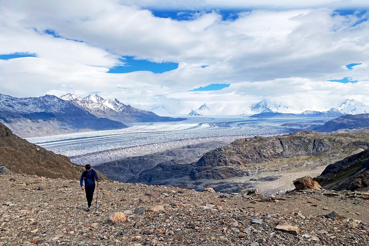 John hiking up to Paso Huemul with El Hielo Continental in the background