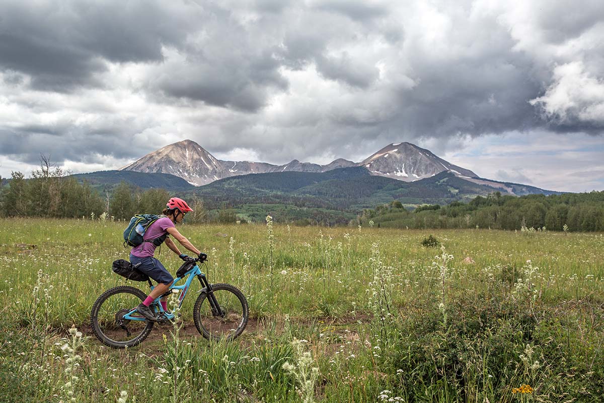 Bikepacking in front of La Sal Mountains in Utah