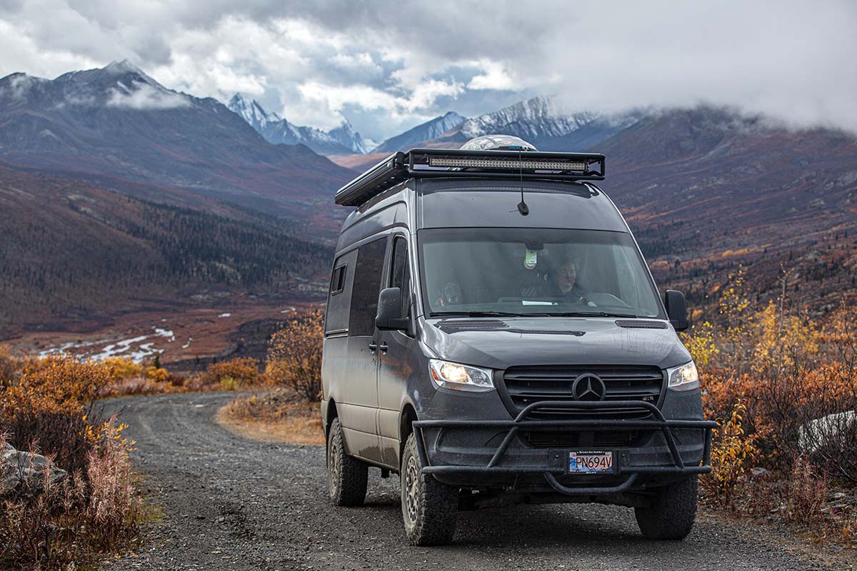 Driving Sprinter van in mountains (dog in passenger seat)