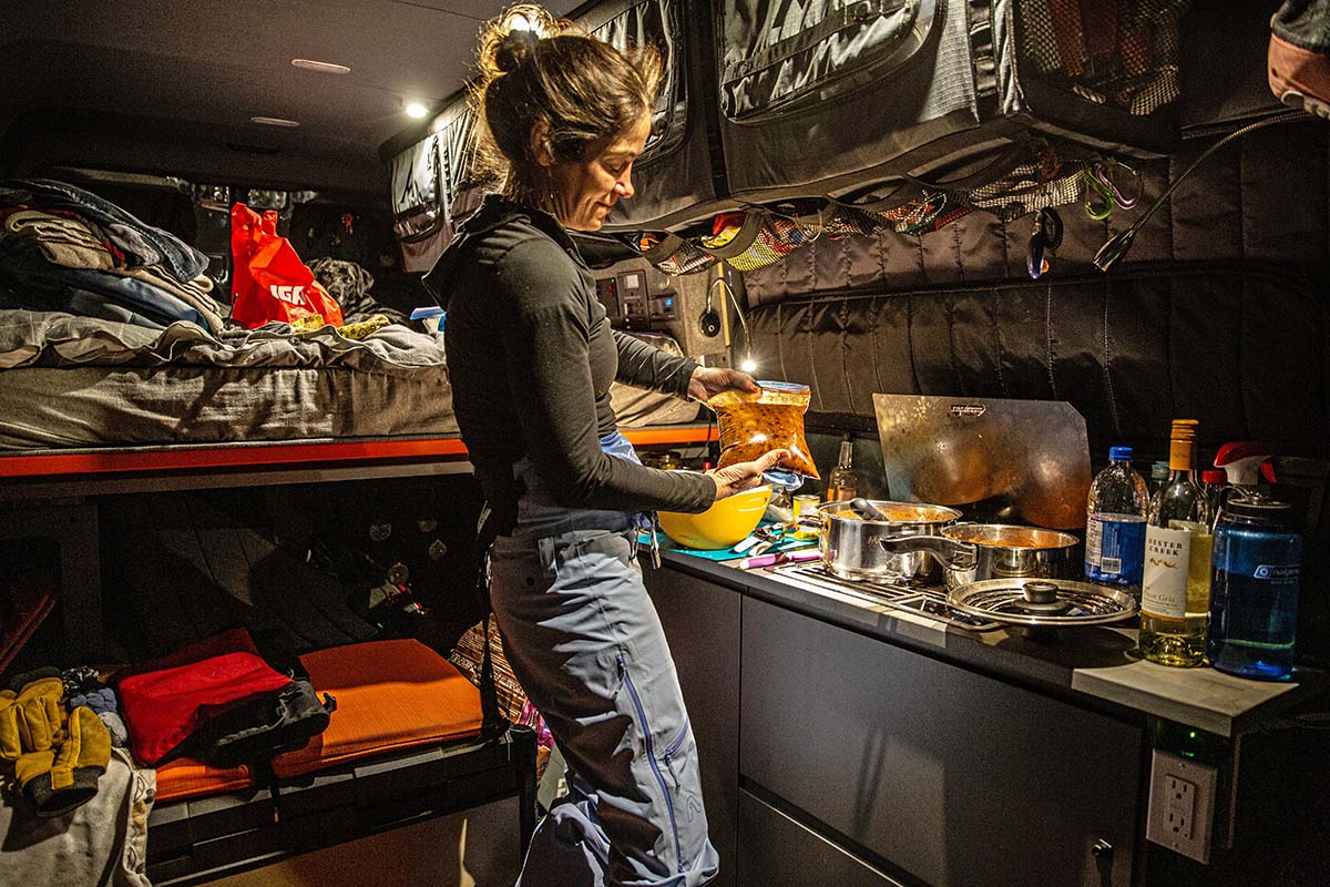 Making soup in Sprinter van kitchen