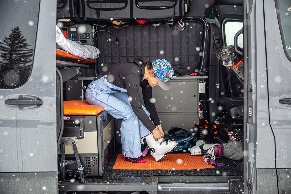 Putting on ski boots in Sprinter Van