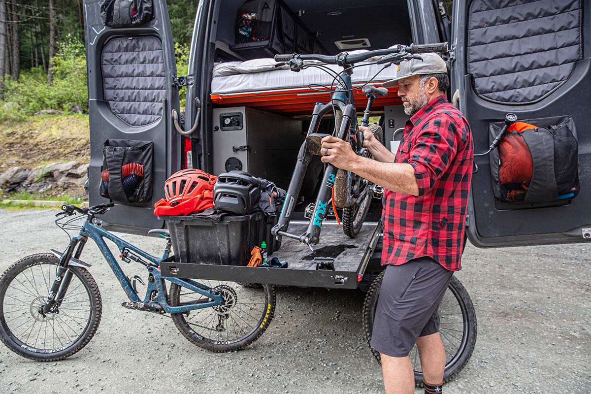 Sliding drawer in rear of Sprinter van (mountain bikes)