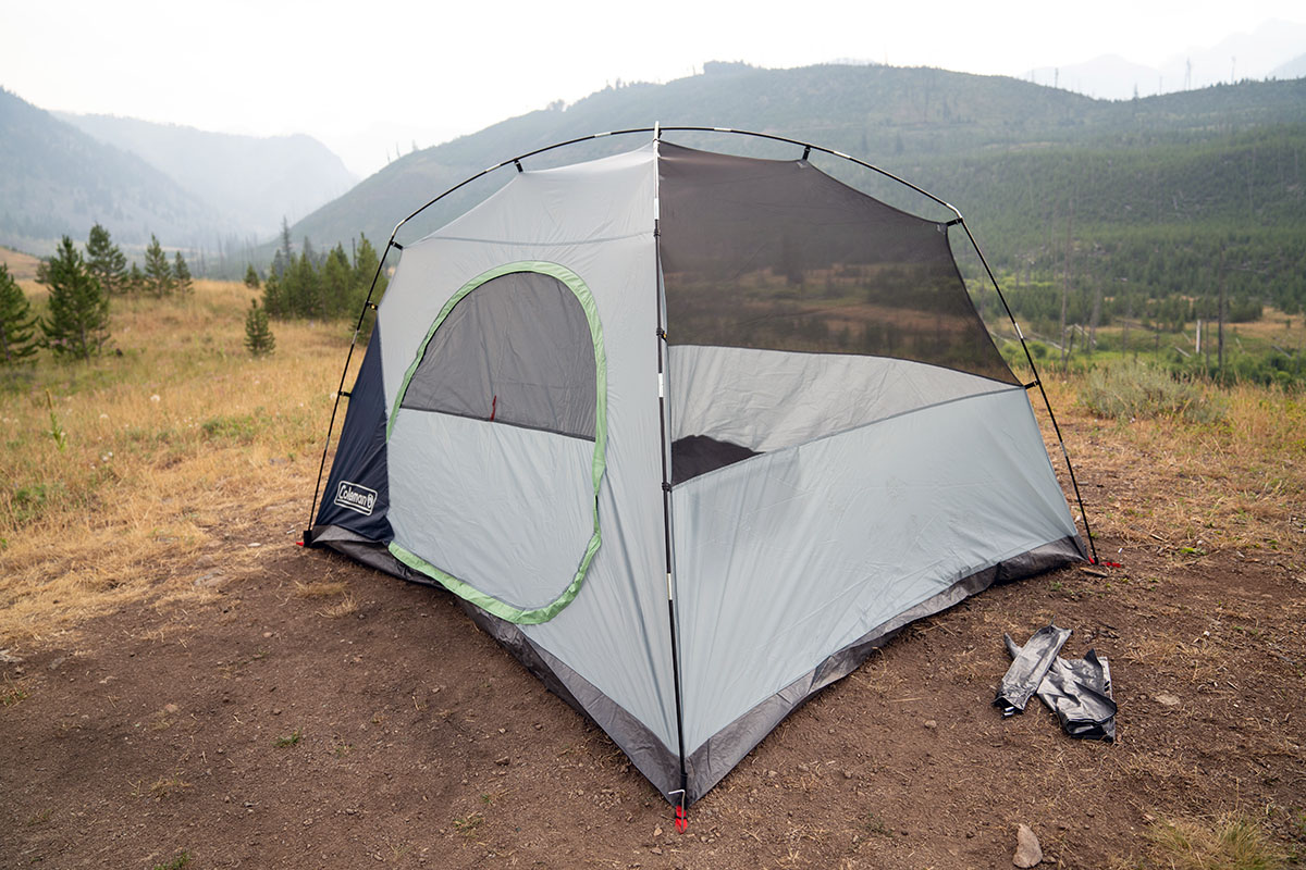 The Coleman Skydome 6P camping tent set up in a field without the rainfly