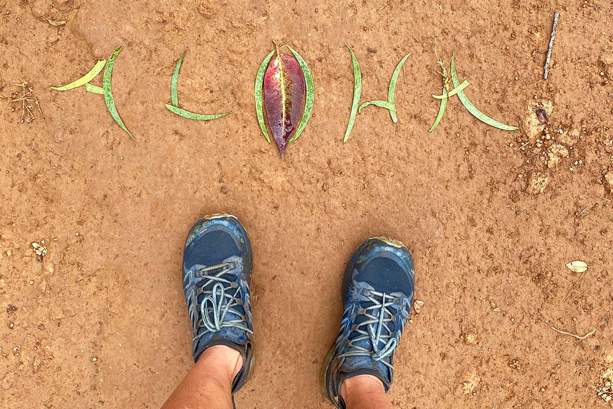 Aloha written in leaves on the trail (hiking in Kauai)