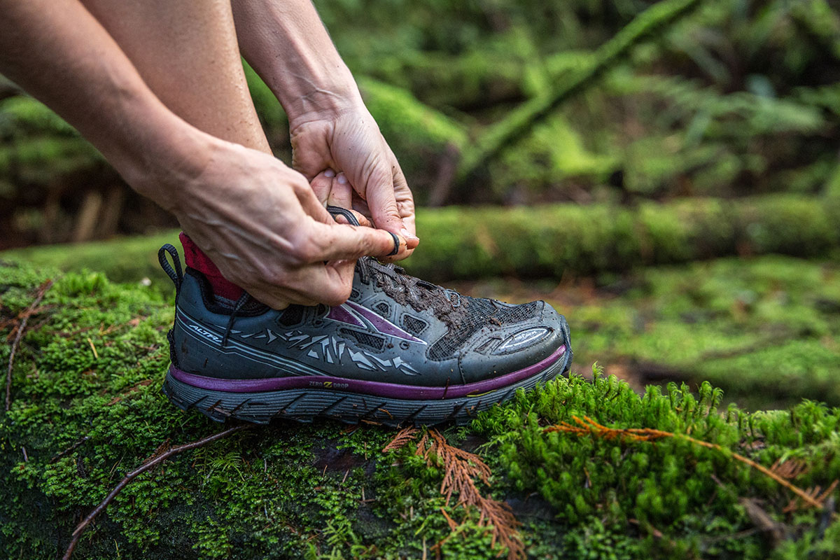 Altra Lone Peak 3.0 trail runner (lacing up)