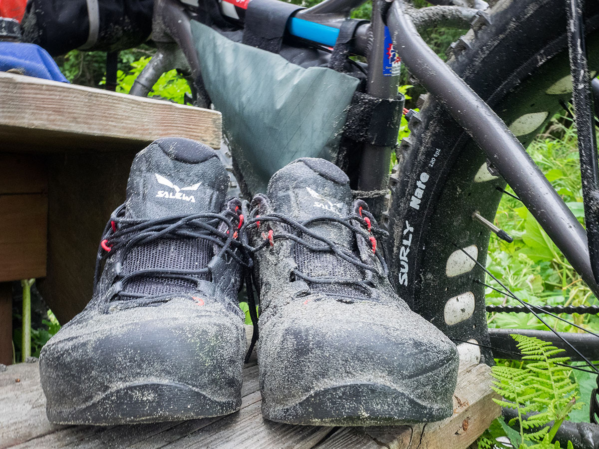 Approach shoes (covered in dirt and mud)