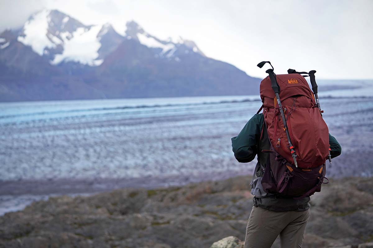 Trekking in Patagonia with the 3-section telescoping REI Co-op Flash poles Trekking poles (REI Flash strapped to pack)