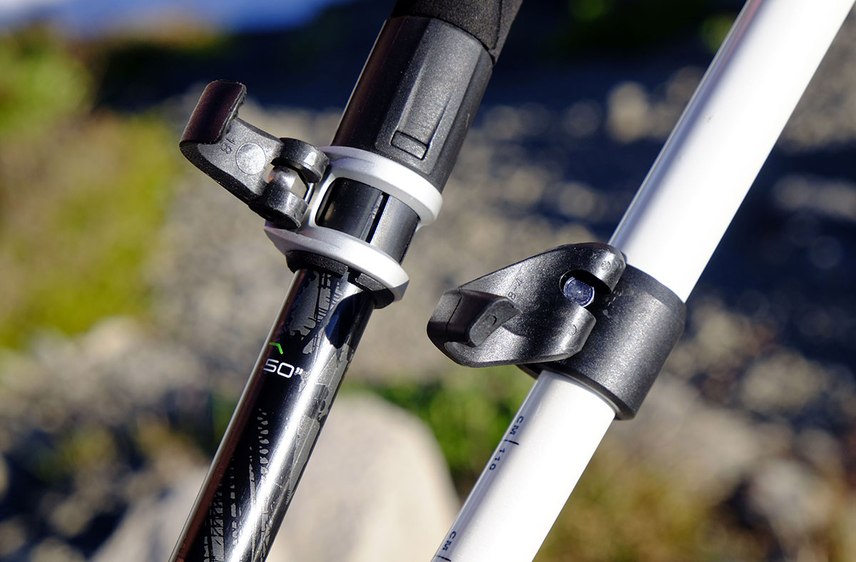 Leki's SpeedLock 2 (left) and Black Diamond's FlickLock (right) Trekking poles (locking mechanisms comparison)