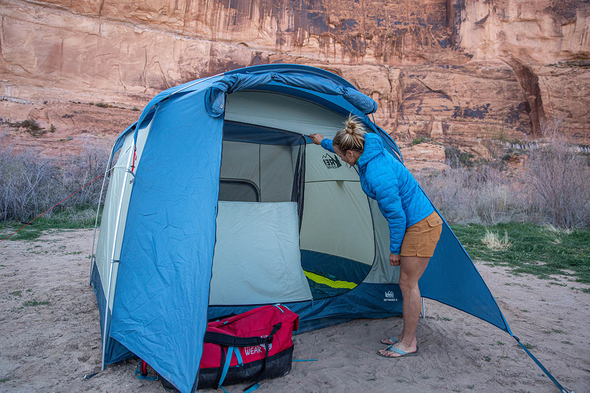 REI Co-op Skyward 4 camping tent (zipping up door)