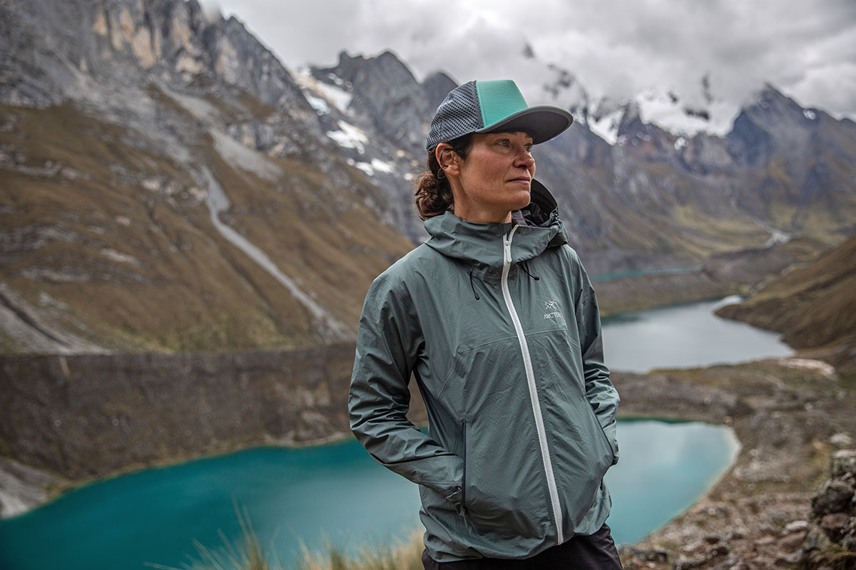 Arc'teryx Beta LT Hadron Jacket (standing in front of lake and peaks)
