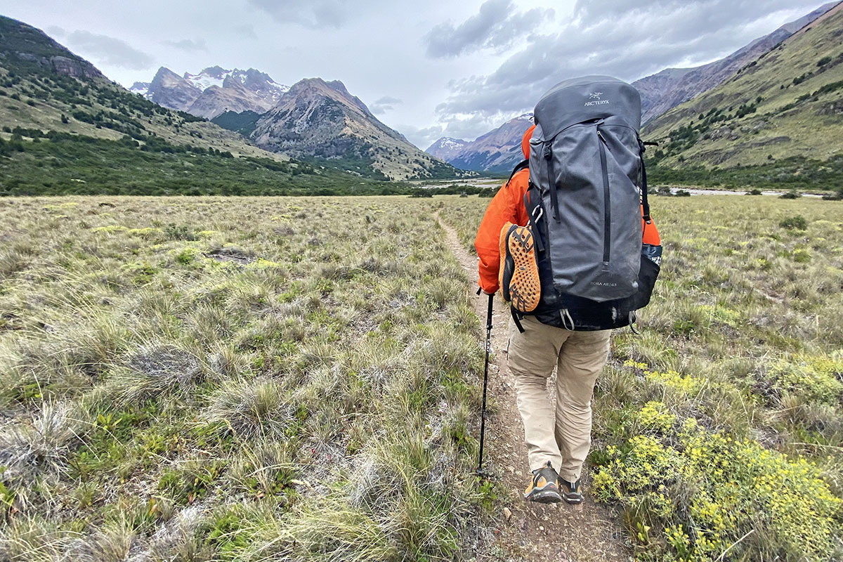 Arc'teryx Bora AR 63 backpacking pack (hiking in wide valley)