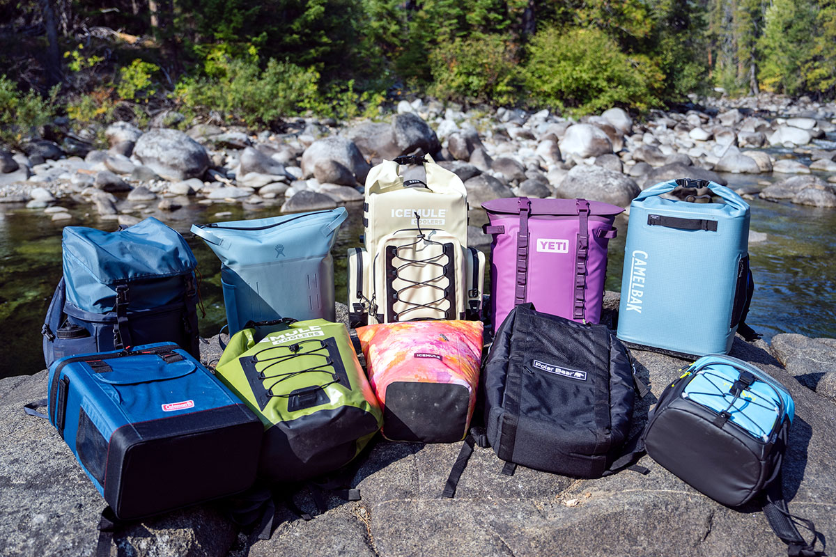 Backpack coolers (lined up on rock)