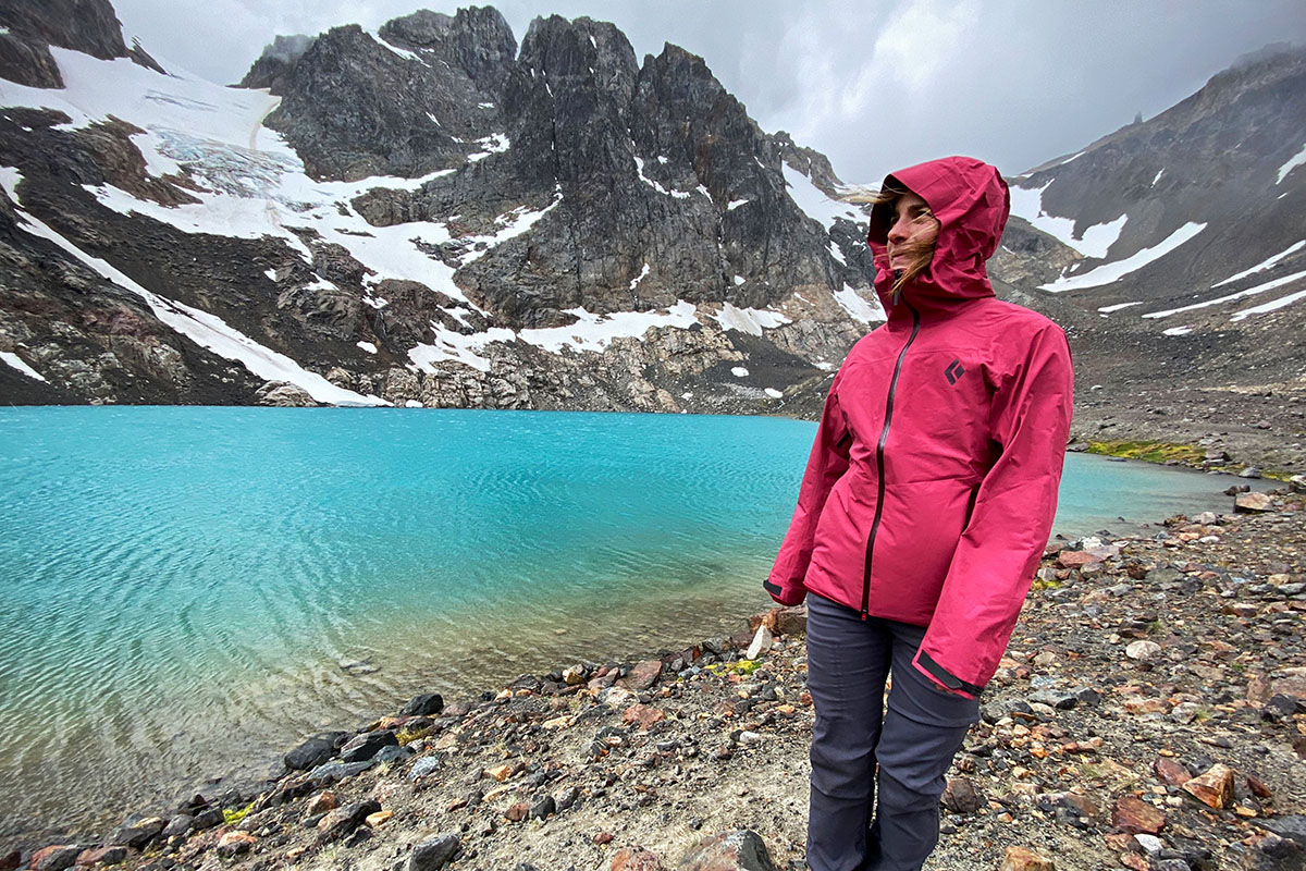 Black Diamond Liquid Point rain jacket (standing beside glacial lake)