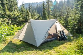 The Durston X-Mid 2 tent sits out in the sunshine on a backpacking trip
